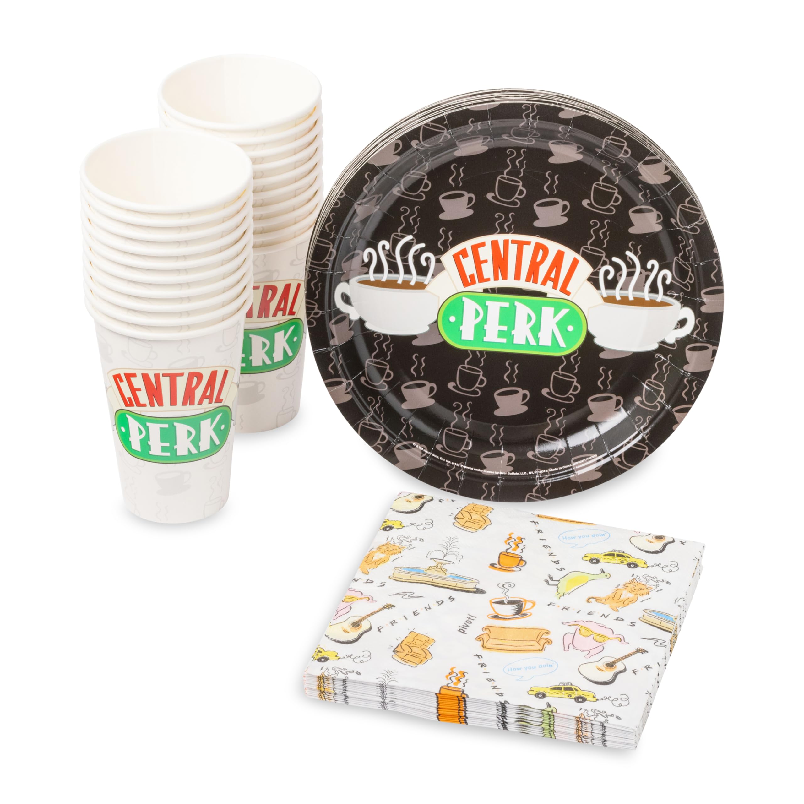 Silver Buffalo Friends Central Perk Logo Party Supplies, Party Pack Paper Plates Cups Napkins, 60-Pieces,Black/White