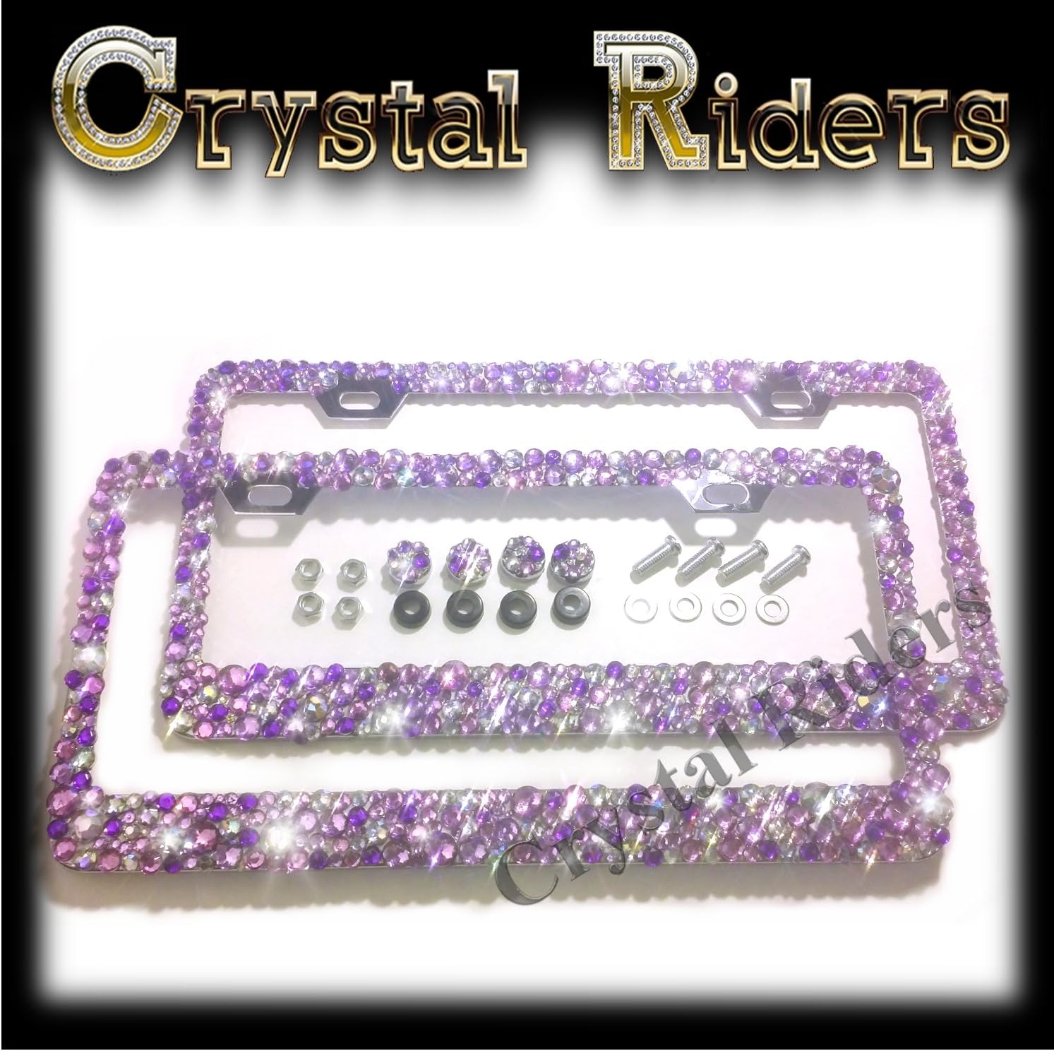 2 Bling License Plate Frames with PURPLE Small Crystal Mix Ab Iridescent 4 SCREW CAPS AND SCREWS MADE IN US Clear Metal Chrome Zink Alloy Holder Sparkly Sparkle Custom Hand Made Hand Crafted