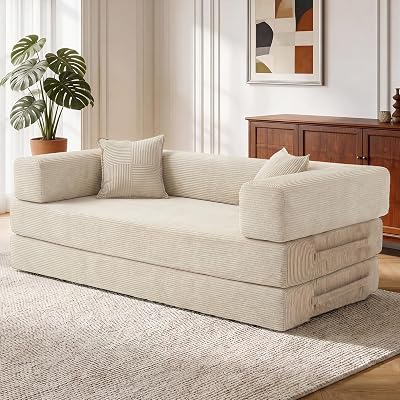 200cm Modulares Sofa, aus Hochwertiges Cord mit Hochdichter Schaumstoff, 5-in-1 Umwandelbares Vielseitig 3-Sitzer Schlafsofa für das Wohnung, Weiß