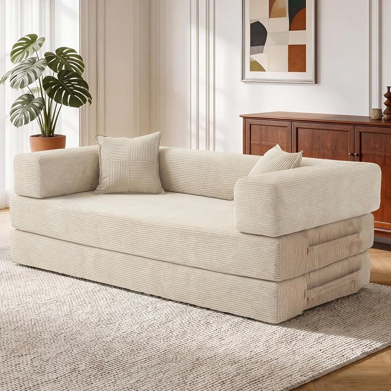200cm Modulares Sofa, aus Hochwertiges Cord mit Hochdichter Schaumstoff, 5-in-1 Umwandelbares Vielseitig 3-Sitzer Schlafsofa für das Wohnung, Weiß