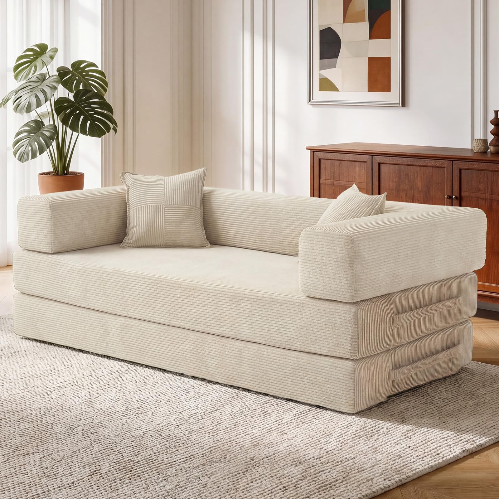 200cm Modulares Sofa, aus Hochwertiges Cord mit Hochdichter Schaumstoff, 5-in-1 Umwandelbares Vielseitig 3-Sitzer Schlafsofa für das Wohnung, Weiß