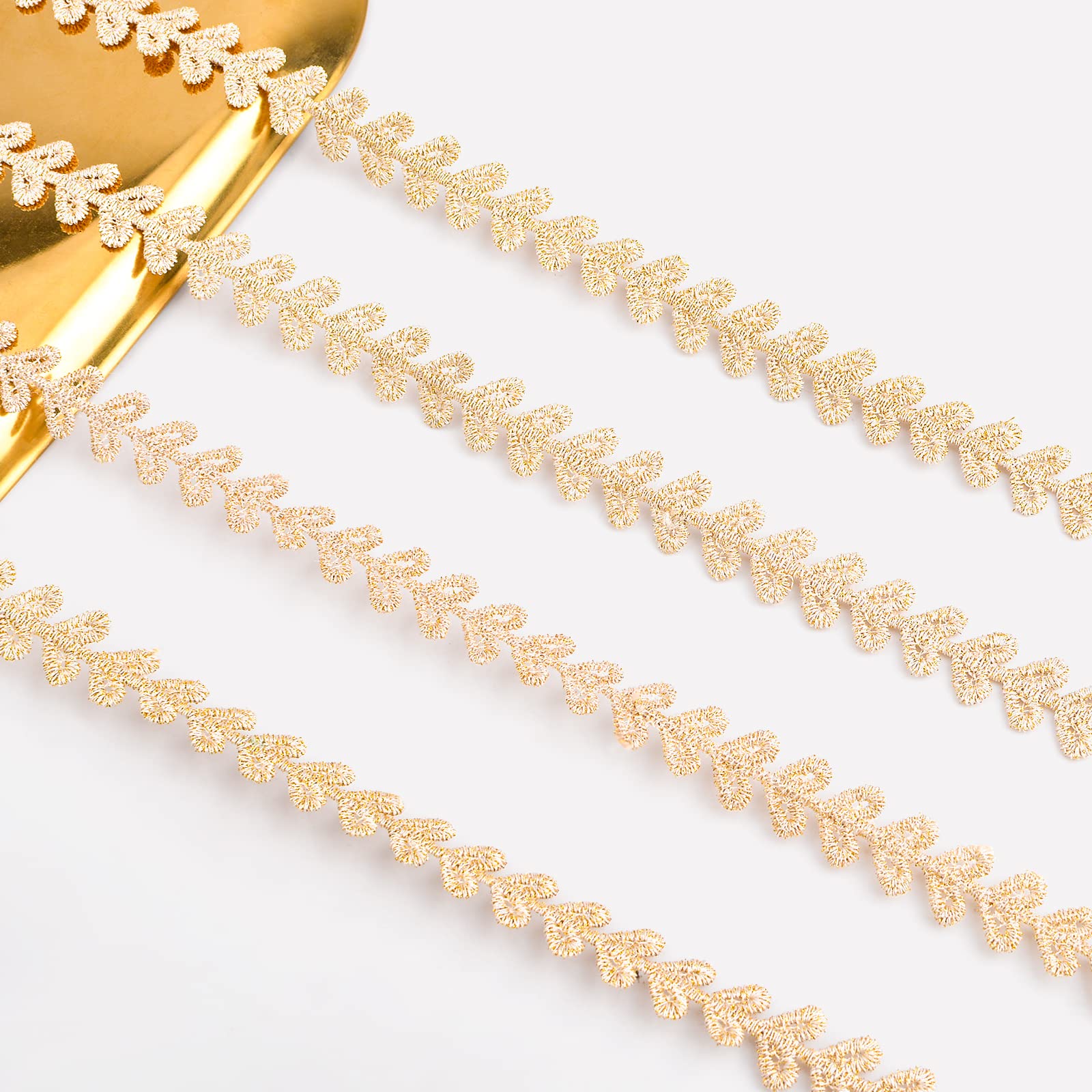 URROMA Gold Heart Lace Trim, 15 Yards Gold Embroidery Trim for Sewing, Cake, Headband, Home Decor