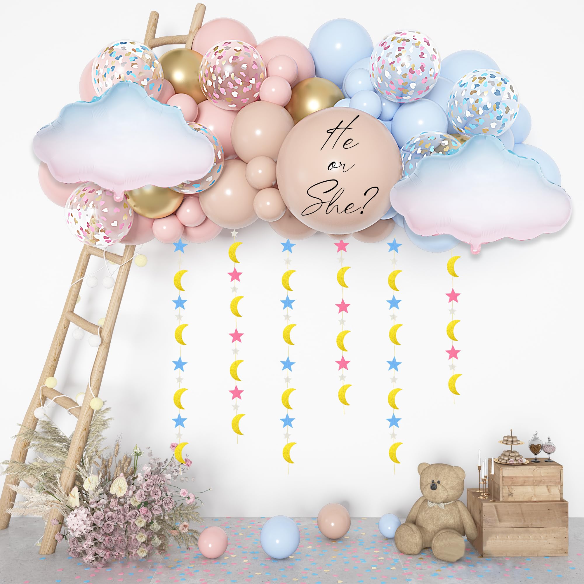 Photo 1 of Amandir 185Pcs Gender Reveal Decorations, Double-Stuffed Pastel Pink and Blue Brown Nude Balloon Arch Kit White Cloud Hanging Moon Star Garland Boho Neutral Boy or Girl Bear Baby Shower Party Supplies