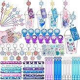 134 Pcs Frozen Party Favors Frozen Birthday Supplies Frozen Filler Goodies Cups with Gift Tags Filled with Frozen Themed Stampers Straws Keychains Slap Bracelets Stickers Winter Party Favors