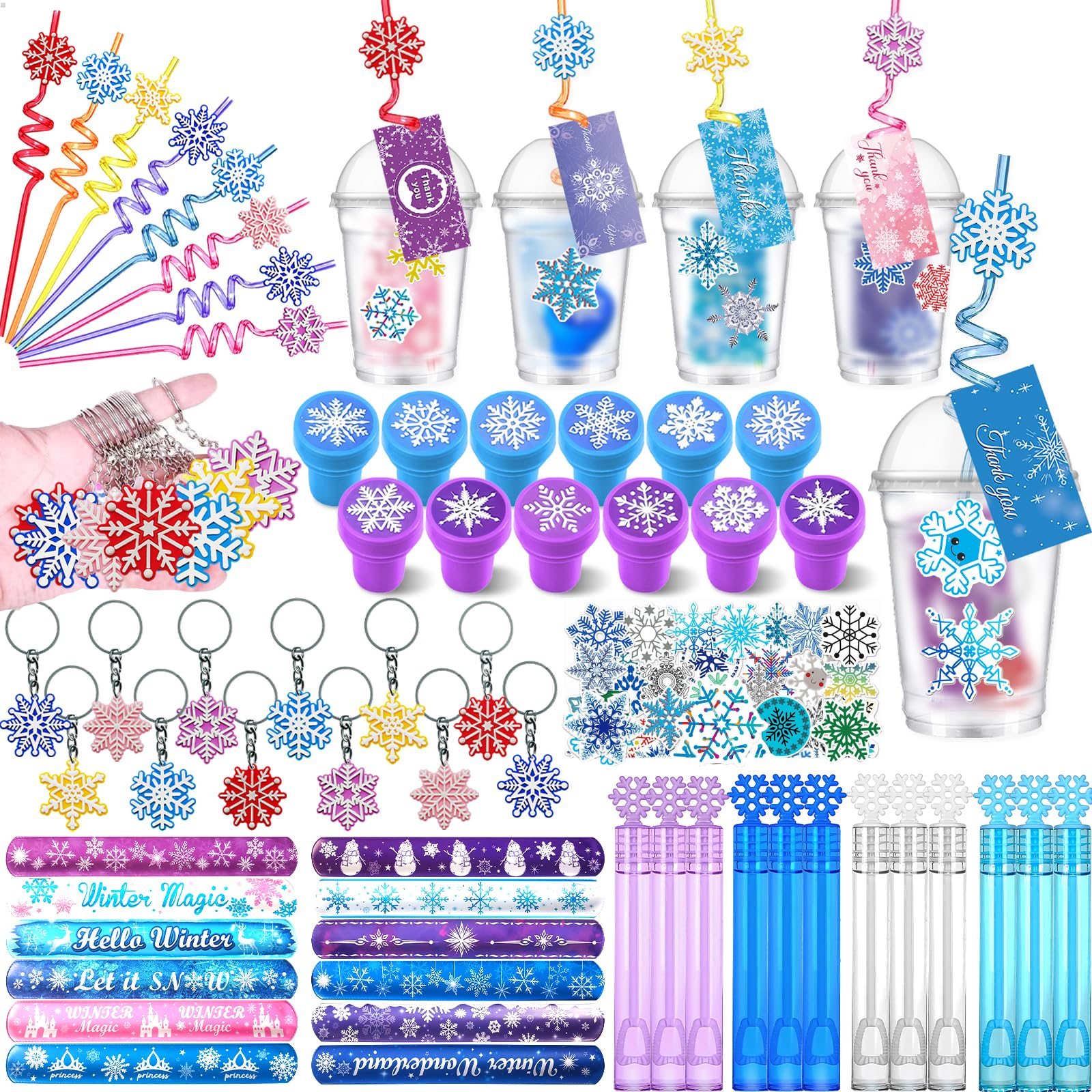 Photo 1 of 134 Pcs Frozen Party Favors Frozen Birthday Supplies Frozen Filler Goodies Cups with Gift Tags Filled with Frozen Themed Stampers Straws Keychains Slap Bracelets Stickers Winter Party Favors