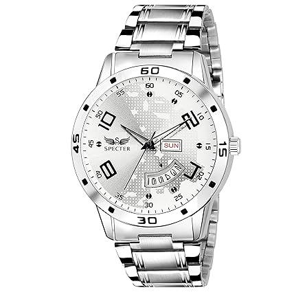 Silver Dial Stainless Steel Day Date Display Quartz Analogue Wrist Watch for Men