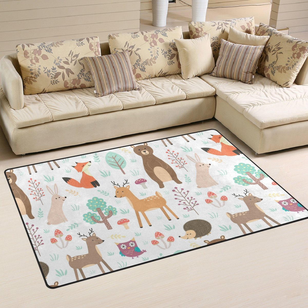 Sunlome Cute Cartoon Animals Bear Fox Rabbit Deer Owl Area Rug Rugs Non-Slip Indoor Outdoor Floor Mat Doormats for Home Decor 60 x 39 inches