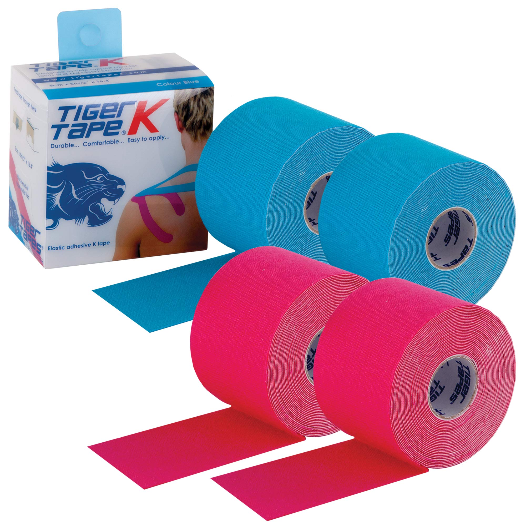 TIGERTAPES K Tape 4 Pack - Blue and Pink Kinesiology Tape (5cm x 5m) | Uncut Muscle Tape for Running, Sports & Injury Recovery | Waterproof, Hypoallergenic & Elastic Athletic Tape for Training & Rehab