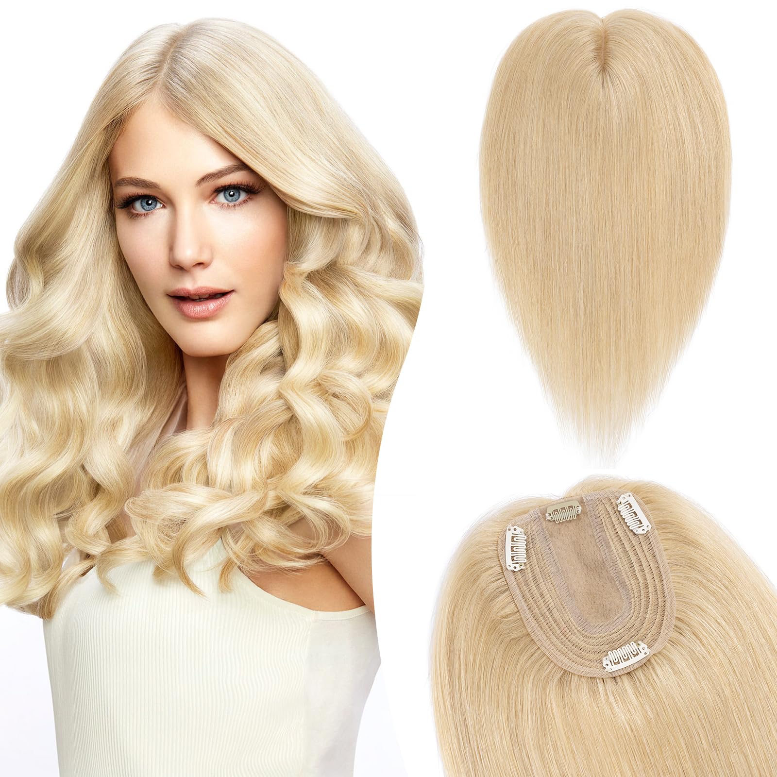 Silk-co 14inch Hair Topper for Thinning Hair Women Clip in Real Remy Human Hair Extensions Top Piece Base Size 10 * 12cm Silk+Lace Base (#24 Natural Blonde) — image 1