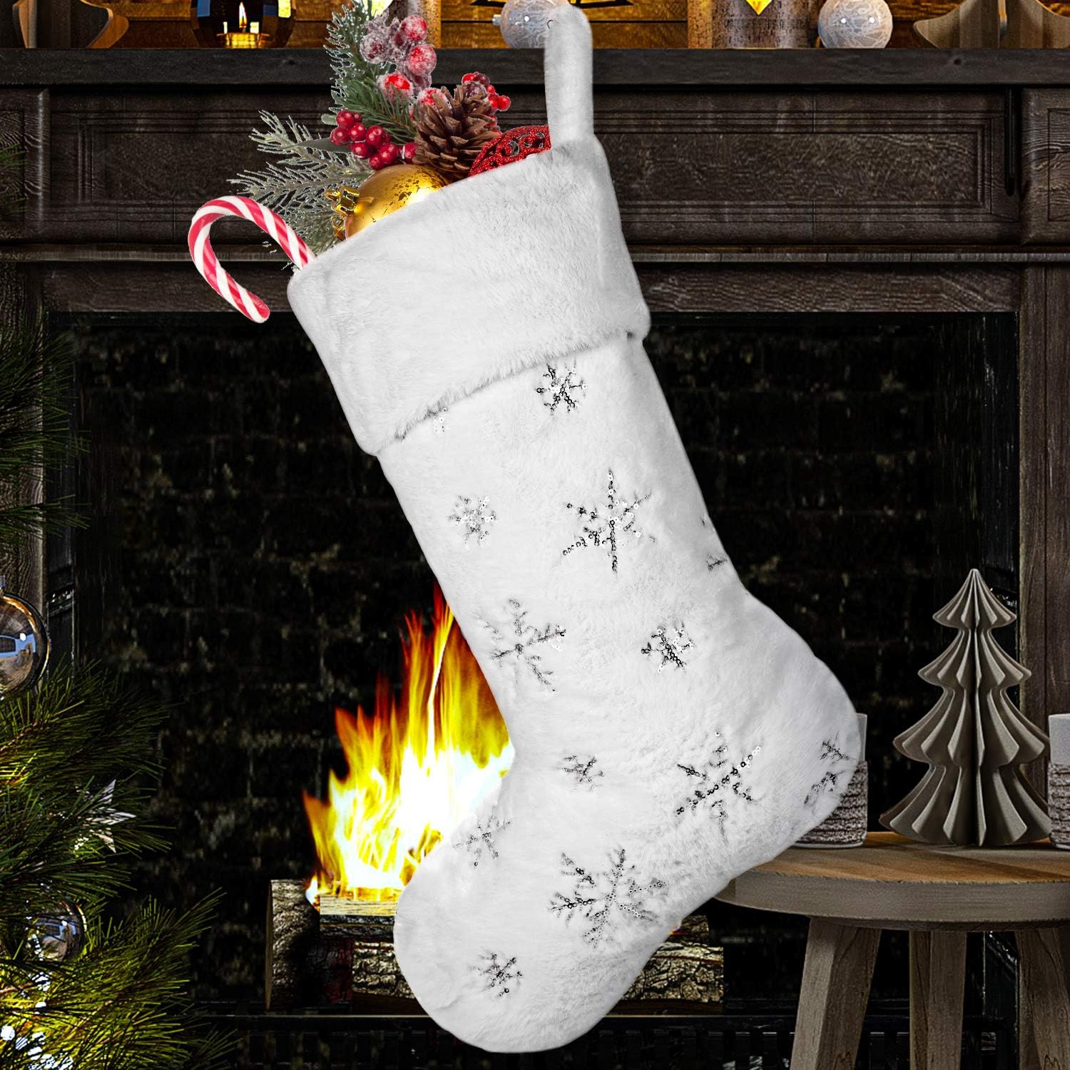 Whaline Christmas Stocking White Snowflake Stocking 22Inch Faux Fur