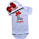Baby Girl Embroidered INITIAL Bodysuit and MATCHING Grosgrain Bow Hat Personalized with Your Custom Name