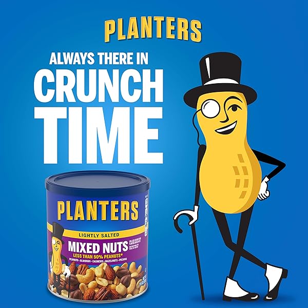 PLANTERS LIGHTLY SALTED MIXED NUTS, 15 OZ CANISTER – LESS THAN 50% PEANUTS BY WEIGHT (BREAK) ALMONDS, CASHEWS, PECANS, BRAZIL NUTS ROASTED IN PEANUT OIL – ON-THE-GO SNACK AND MOVIE SNACK – RESEALABLE CANISTER – KOSHER