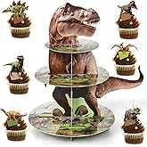 ZOIIWA Dinosaur Themed Cupcake Stand for Dino Birthday Party Decorations 24 Cupcake Topper 3 Tier Dinosaur Dessert Cake Tower for Kids Boys Jungle Birthday Baby Shower Party Supplies Favors