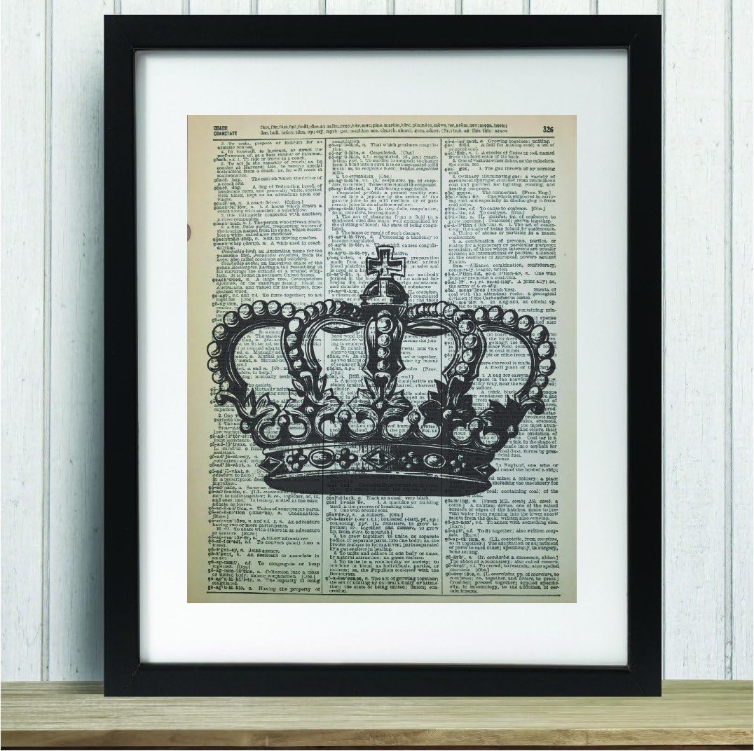 Upcycled Vintage Dictionary Art Print - Hand Drawn Crown Print - 8x10 Unframed