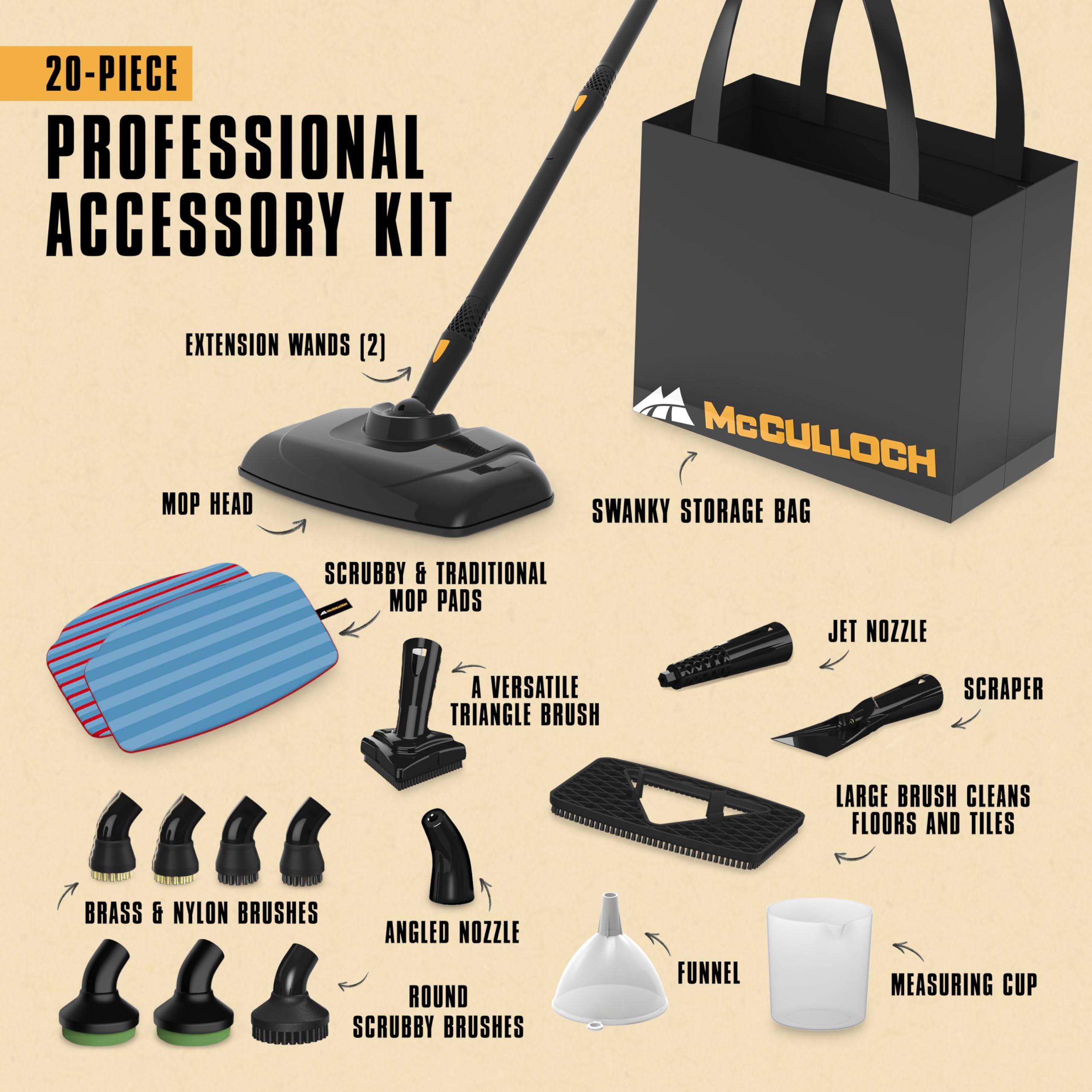 McCulloch Canister Steam Cleaner MC1375, 90 Minute Runtime, 20 Accessories: Jet Nozzle, Brushes, & More - Built for Home, Tile, Grout, Carpet, Furniture, & Personal Car Detailing