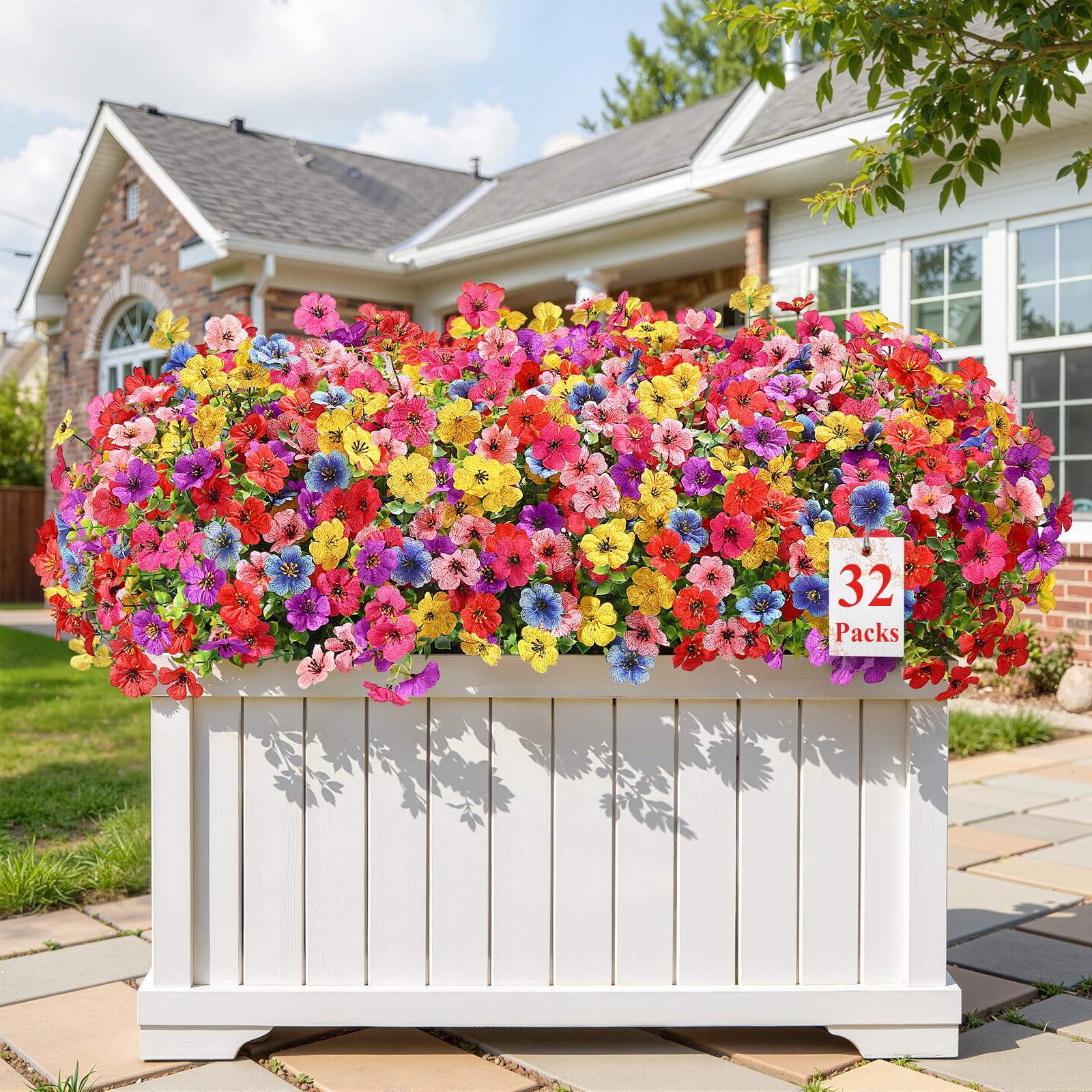 Alupssuc 32 Bundles Artificial Flowers for Outdoors Decoration, UV Resistant Silk Faux Floral Spring Fake Plastic Plants Greenery for Outside Indoor Home Garden Porch Window Box Decor, Mix 6 Colors Image