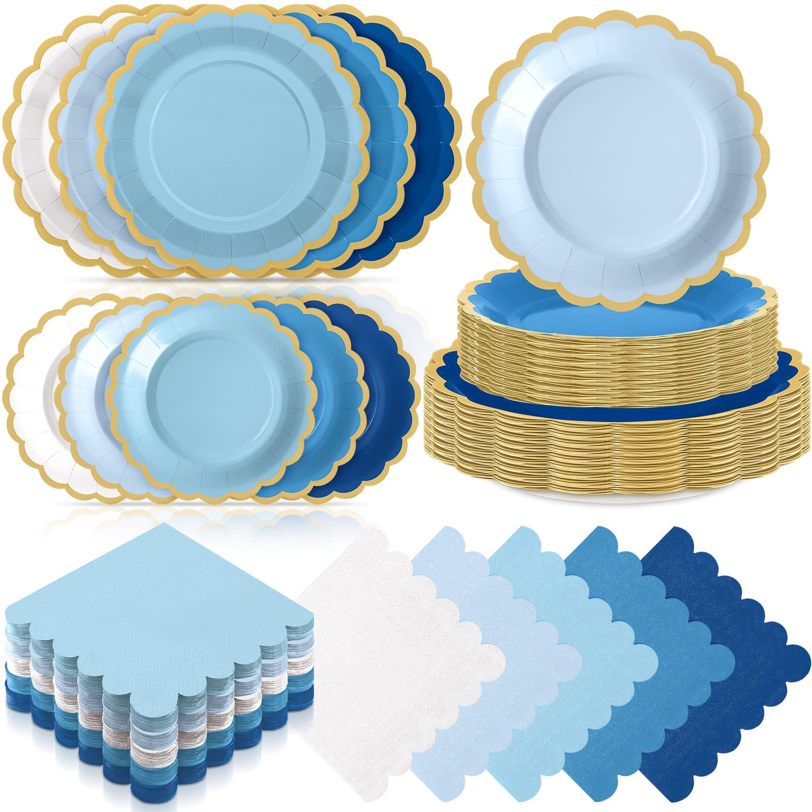 Photo 1 of Zhehao 150 Pcs Blue Plates and Napkins Tableware Serves 50 Includes 9 Inch 7 Inch Blue Scalloped Edges Paper Plate and Napkins for Wedding Birthday Baby Shower Party