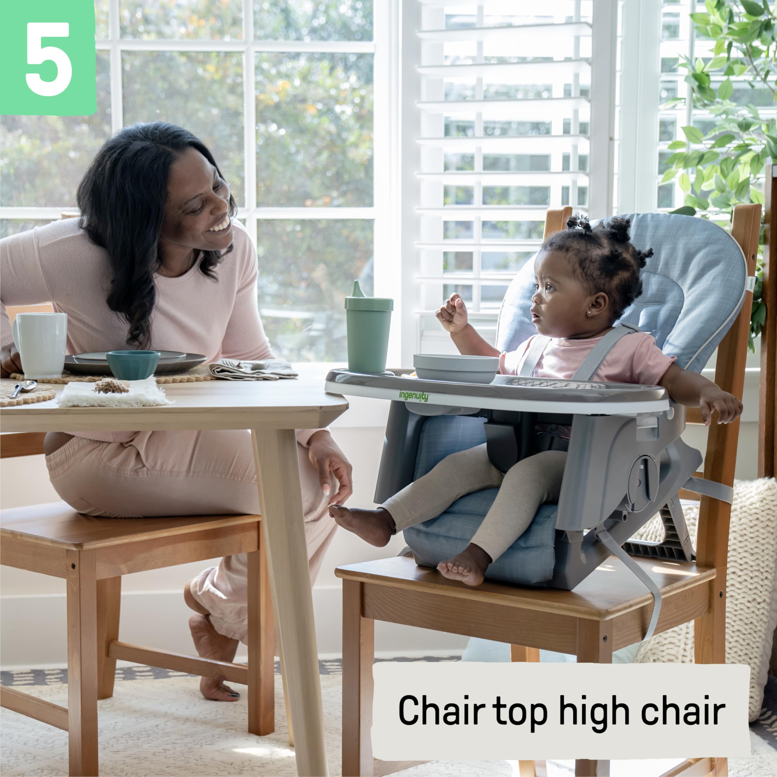 Ingenuity Proper Positioner Deluxe High Chair - 7-in-1 Convertible Baby Seat, Faux Wood Print Legs, Unisex, for Ages 0-36 Months
