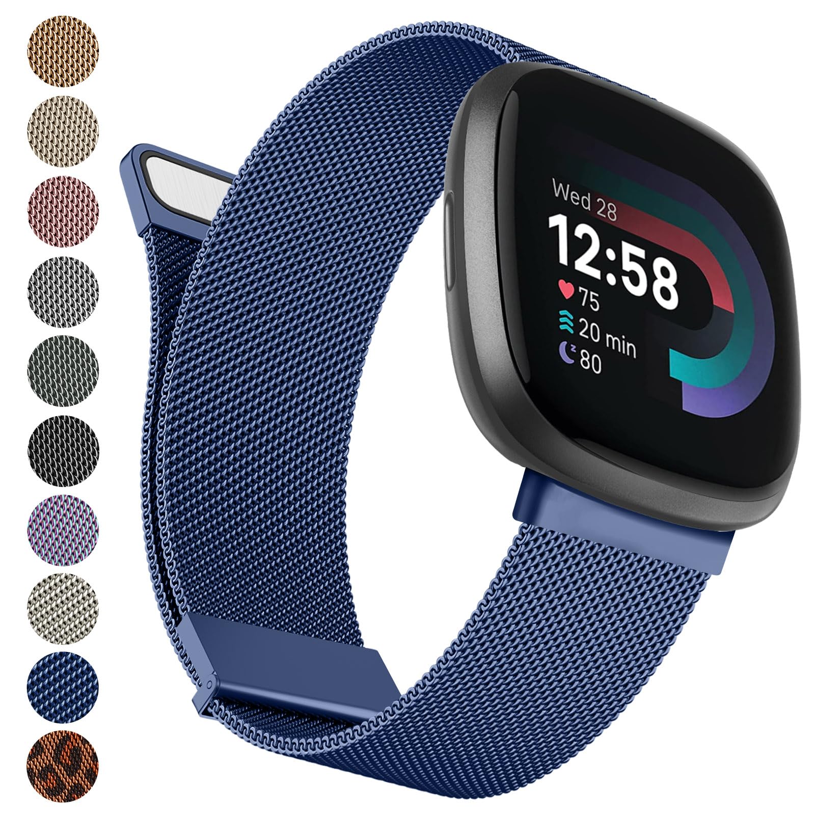 Fitbit Metal Band for Versa 4, Sense 2, and Versa 3, Adjustable Stainless Steel with Double Magnetic Clasp