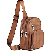 FADEON Sling Bags for Women Crossbody Bags, Designer PU Leather Sling Purse Multi-Pocket Packs with Card Slot Purse Brown