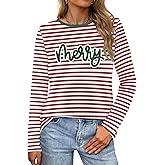Christmas Shirts for Women Christmas Stripes Shirt Xmas Gift Blouse Tee Tops