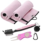 Aulock Golf Towel and Brush Set, Microfiber Towels for Golf Bags, Women Cleaning Kit with Ball Marker Golf Divot Tool Brush, Pink