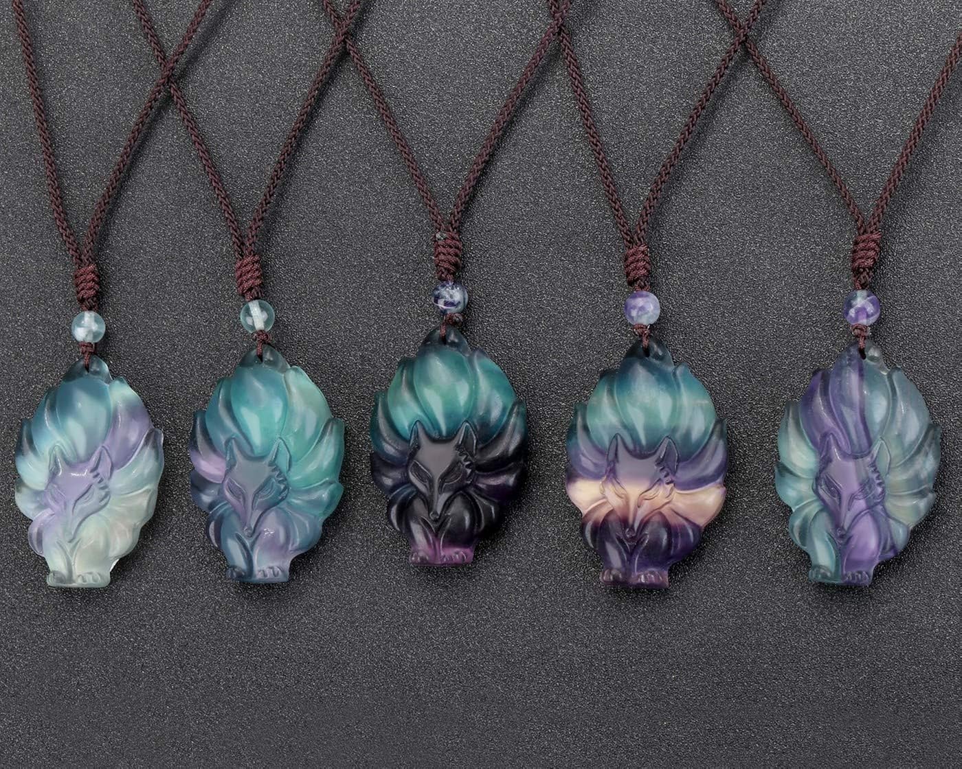 JSDDE Natural Crystal Gemstone Fox Pendant Necklace with Adjustable Woven Rope Chain (Fluorite), Fluorite (Nine-tailed Fox) - Image 5