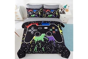 KAKKI 4 Piece Boys Twin Gamer Comforter Set with Sheets, 3D Colorful Video Game Controller Comforter for Kids Teen, All Season Soft Microfiber Gaming Bedding Set(Black,Twin)