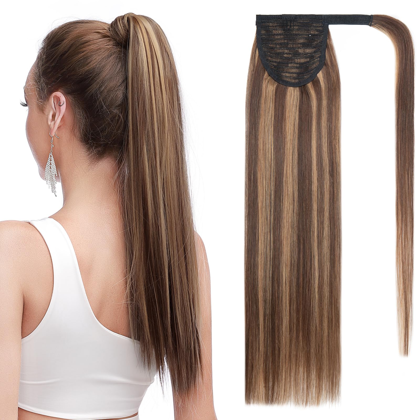 SEGOHAIR Wrap Around Ponytail Human Hair Clip in Ponytail Hair Extensions, 16 inch Long Straight One Piece Clip in Hairpieces Remy Real Human Hair-Dark Chocolate Brown mixed with Light Brown — image 1
