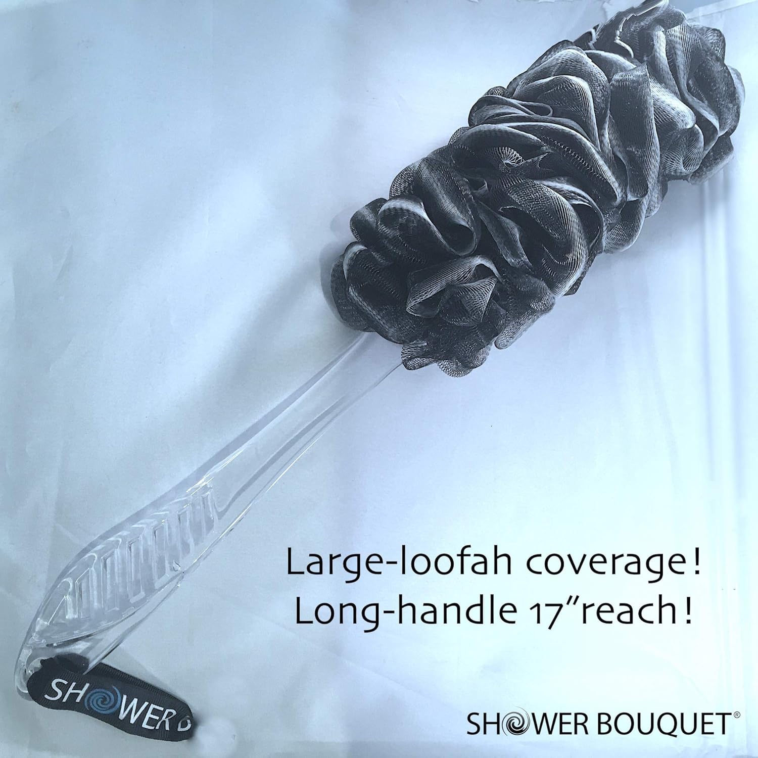 Loofah-Charcoal Back-Scrubber & Bath-Sponges by Shower Bouquet: 1 Long-Handle-Back-Brush plus 2 Extra Large 75g Soft Mesh Poufs, Men & Women - Exfoliate with Full Pure Cleanse in Bathing Accessories: Beauty