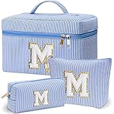 Personalized Monogram Makeup Bag, 3PCS Custom Monogrammed Toiletry Cosmetic Bag for 6-18 Teen Girls Women,Birthday Graduation Gifts Initial Pouch Makeup Bags for Women Girls, Make Up Bag (M, Blue)