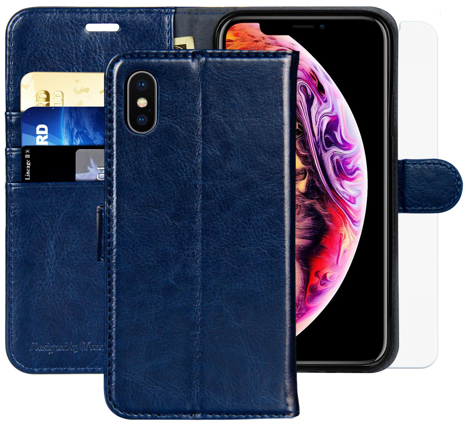 MONASAY iPhone Xs MAX Wallet Case,6.5-inch, [Glass Screen Protector Included][RFID Blocking] Flip Folio Leather Cell Phone Cover with Credit Card Holder for iPhone Xs MAX,Blue — image 1