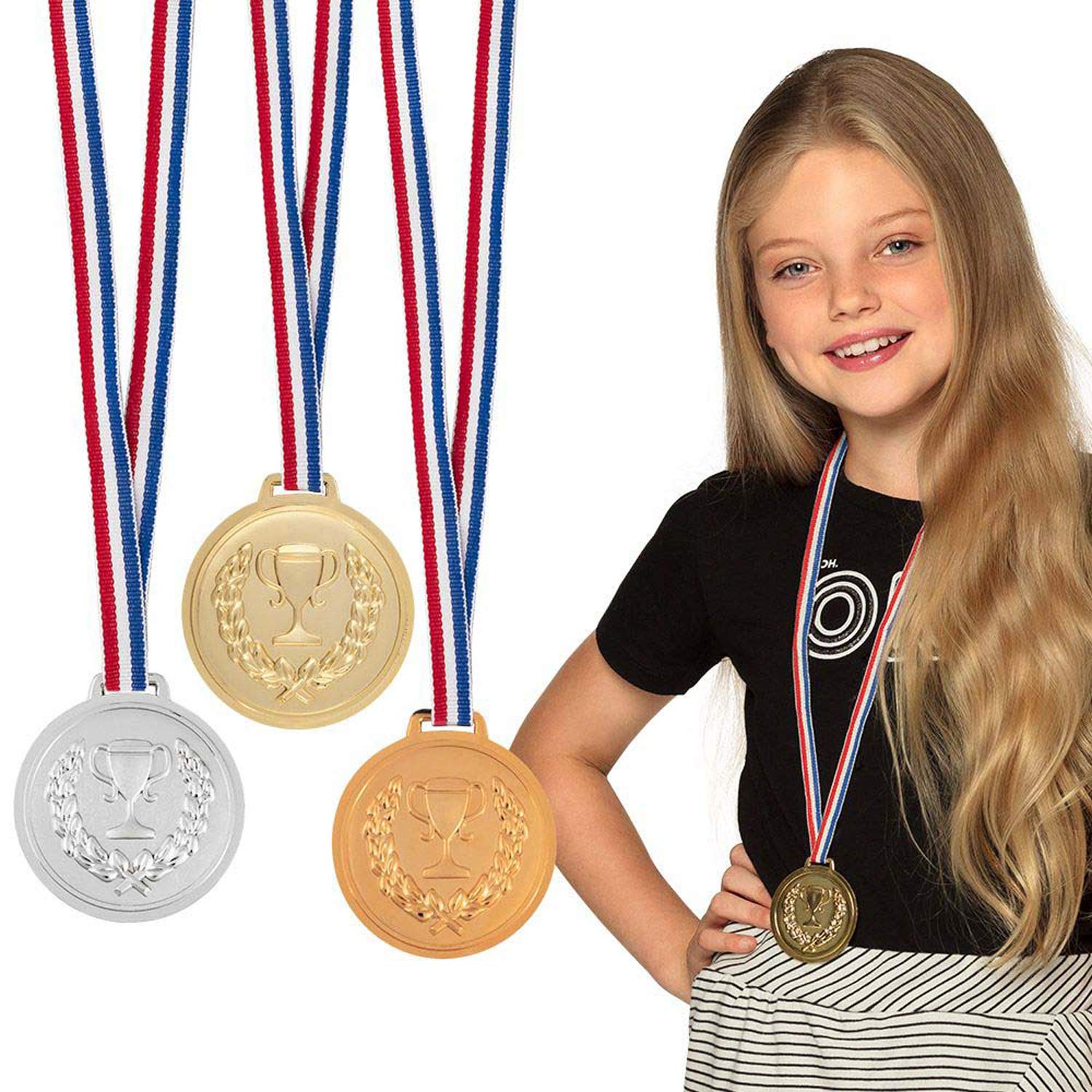 Boland 30841 Medal Set, 6 cm Each with 3 Podium Medals with Collar, Gold, Silver, Bronze, Trophy, Victory, Toy, Sports, Theme Party, Birthday