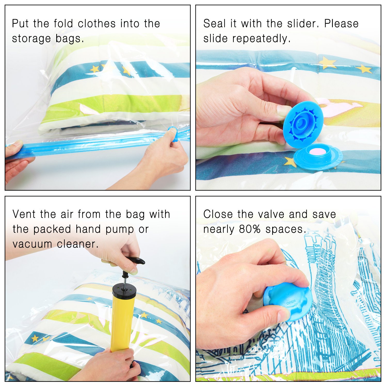 Makife Space Save Bags Vacuum Storage Bags Cloth Towel Pillow Blanket Travel 1 Free Hand Pump Save 80% Space Compression Works with Any Vacuum Cleaner 5 Pack, 24 32 inches