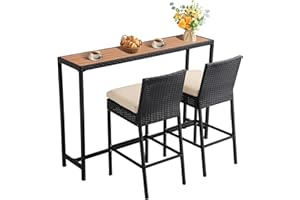 FKLUG Patio Bar Dining Set,Outdoor Durable Bar Height Table & Cushioned Bar Stools, Metal Bar Table and Chairs Set for Balcony, Backyard, Porch, Poolside (3pcs with 63" Rattan Table)