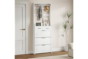 Betoko Hall Tree with Shoes Storage,Farmhouse Entryway Coat Rack Wooden Mudroom Hallway Tree Bench Corner Tree Cabinet with 8 Coat Hooks & 3 Shoes Cabinets & 2 Drawers(White)