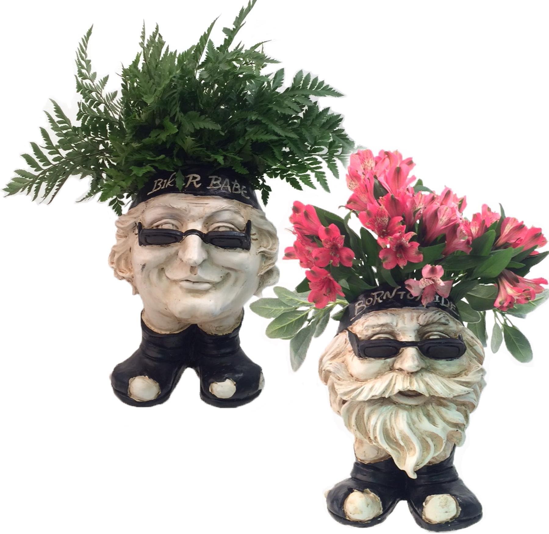 Muggly Homestyles 37584 Biker Dude and Biker Babe Antique White Accent 13" Face Planters Garden Statue (Holds 4" Pot)