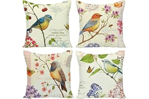 Wilproo Outdoor Bird Decorative Throw Pillowcase, Bird Flower Both Sides Printed Spring Cushion Cotton Linen 18x18 Set of 4 P