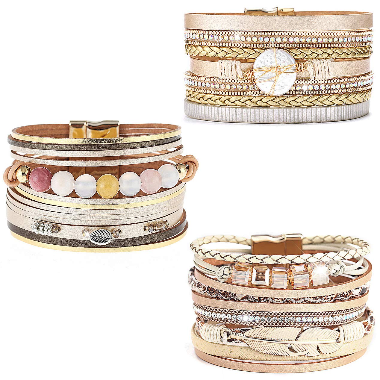 Wowanoo 3Pack Leather Cuff Bracelet Set Multilayer Wrap Bracelet Crystal Feather Tree Bracelet Magnetic Clasp Bracelet for Women, 17 CM, Leather