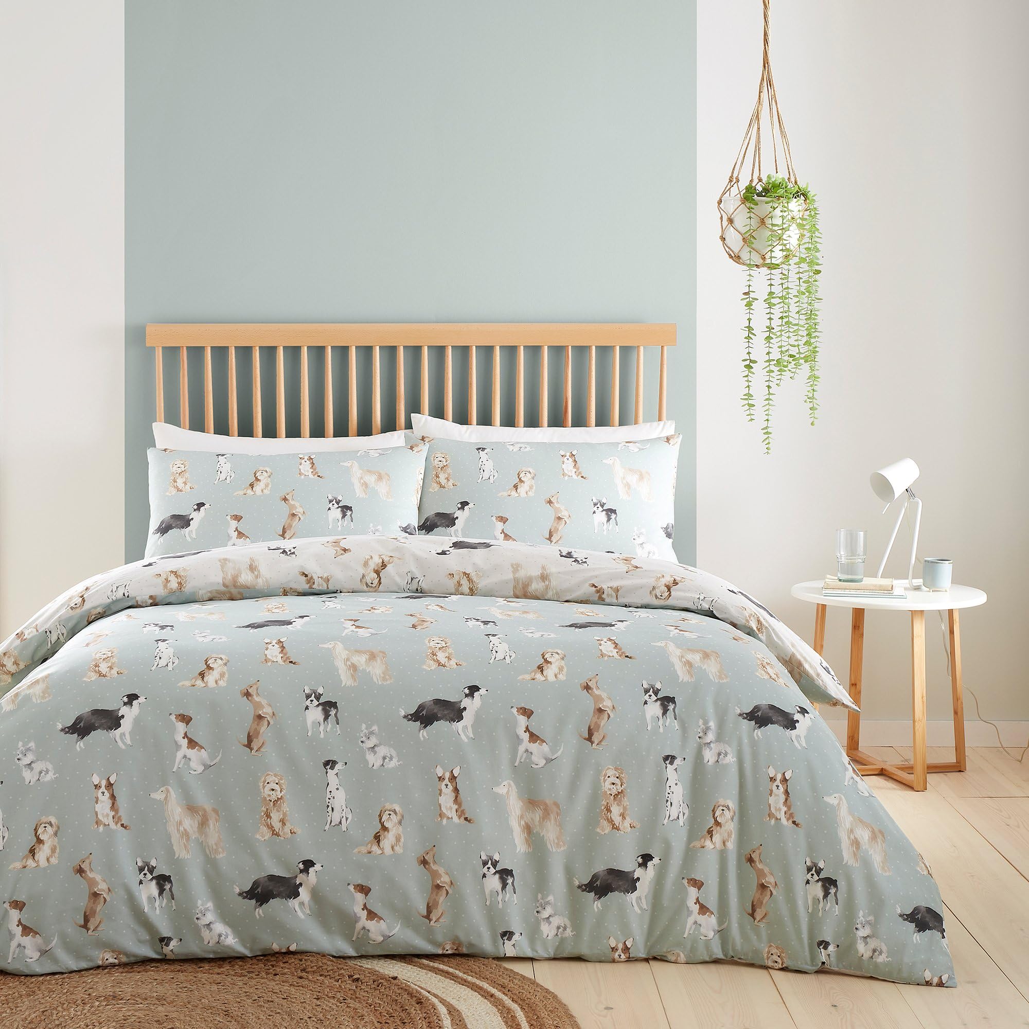 Fusion - Duck Egg Blue Dog Duvet Cover - King Bedding Size (230 x 220cm) - Reversible Design (Beige & Duck Egg Blue) - Paw Print Duvet Cover - Dogs Print Duvet - Shih Tzu, French Bull and Poodles