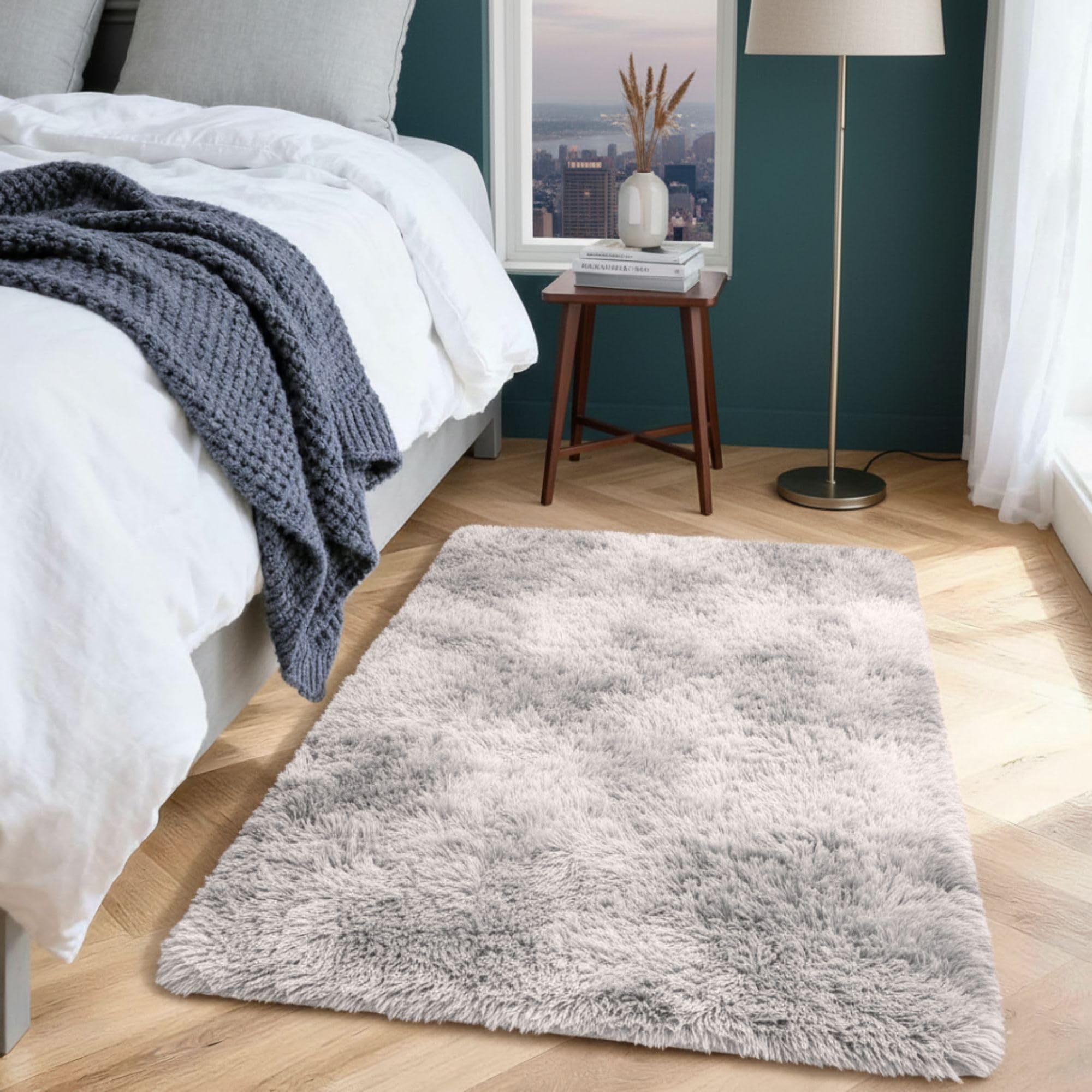 Aspire Homeware Rugs Living Room 60 x 110 cm – Tie-Dye Light Grey Area Rugs for Bedroom Anti Slip - Modern Super Soft Plush Floor Carpets for Lounge – Fluffy Shaggy Bedside Runner Rug for Kids Room