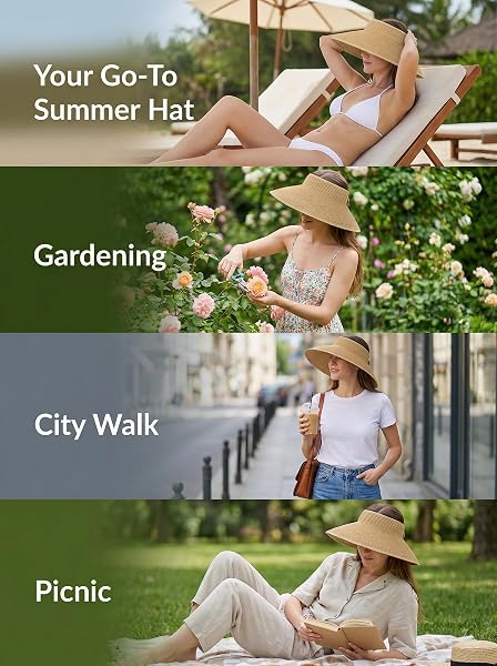 ALTURAGO SUN VISOR HAT FOR WOMEN WIDE BRIM PONYTAIL STRAW HAT UV UPF SUMMER BEACH VACATION PACKABLE FOLDABLE TRAVEL (US, ALPHA, ONE SIZE, KHAKI)