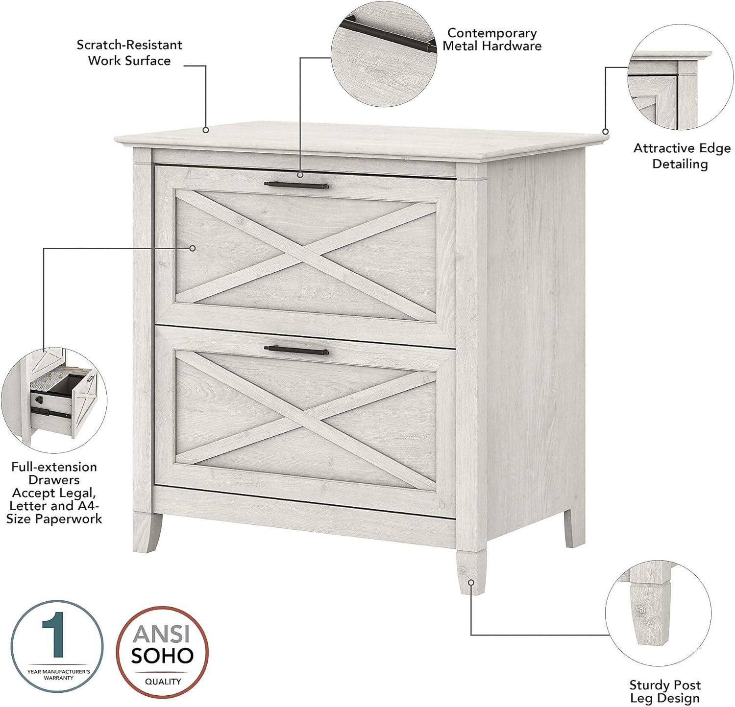 Bush Furniture 2 Drawer Lateral File Cabinet, Linen White Oak: Furniture & Decor
