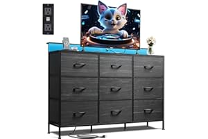 WLIVE Black Dresser TV Stand for 45, 50, 55 inch TV, Entertainment Center with LED Lights & Charging Station, Chest of drawers with 9 Fabric Drawers and Open Shelves for Living Room, Hallway, Wood Top