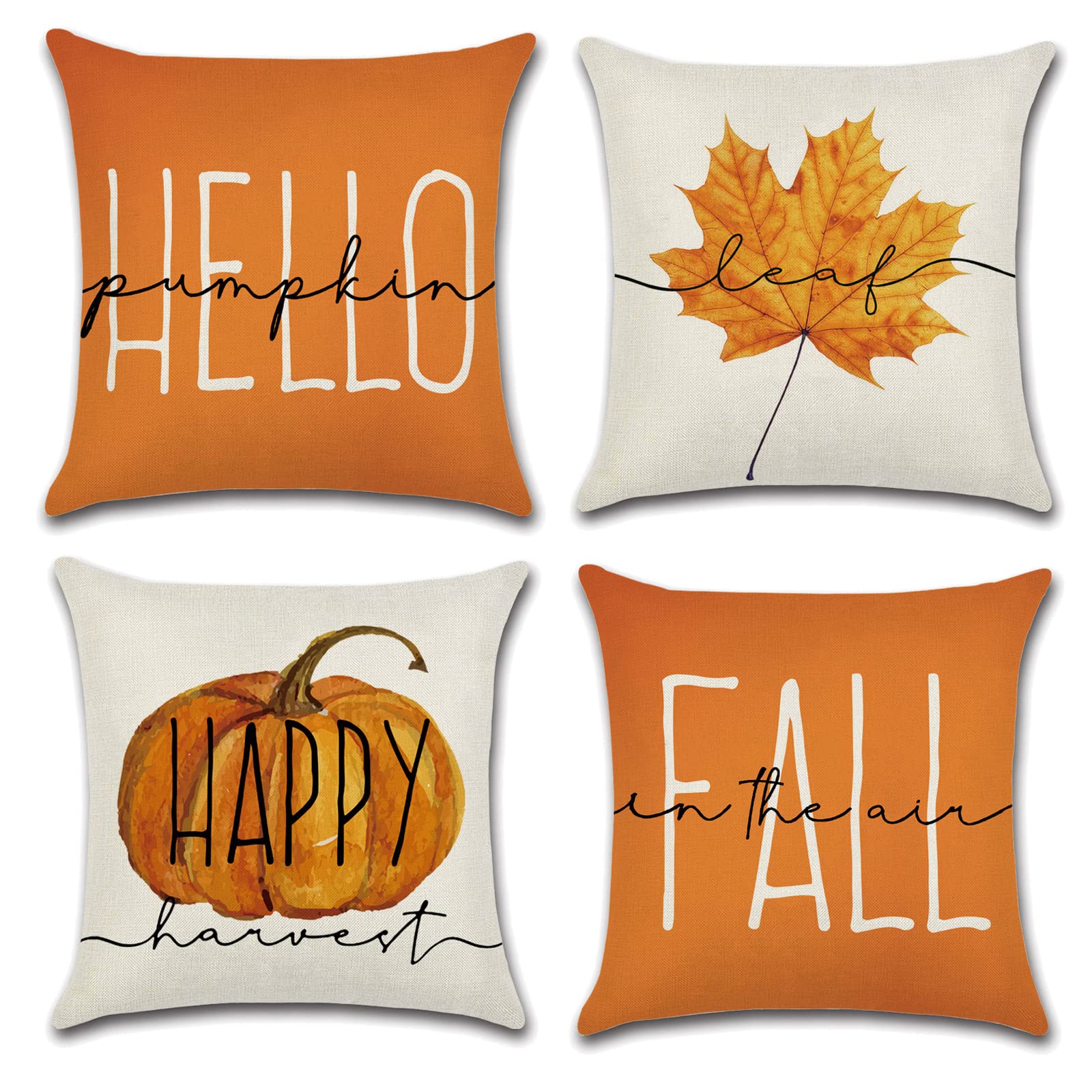 OCEUMACO Linen Cushion Covers 45 x 45 cm for Sofa Set of 4 Decorative Autumn Hello Pumpkin Throw Pillow Cases 18x18 Outdoor Fall Harvest Maple Leaf Pillowcases Cushions Cover - Burnt Orange