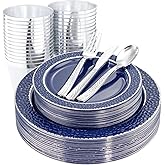 Ciaell 150 PCS Blue and Silver Plastic Plates - Blue Disposable Plate include 50 Plates, 25 Knives, 25 Forks, 25 Spoons, 25 Cups for Weddings & Party