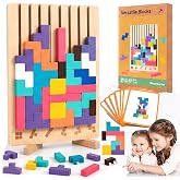 Montessori Wooden Stacking Puzzle Toy, 3D Color Stack Game for Kids Ages 3+ | 42 Solid Wood Blocks Puzzle, Smooth Edges, Logic Development, Brain Teaser, Giant Stacking Challenge Game, Preschool, Family