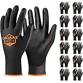 OKIAAS Work Gloves for Men,Ultra Thin and Lightweight Working Gloves with Grip,12 Pairs Bulk Pack Construction Gloves with Polyurethane Coating,Safety Gloves for Light Duty Work (Black, Large)