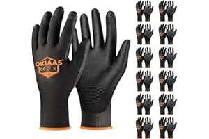 OKIAAS Work Gloves for Men,Ultra Thin and Lightweight Working Gloves with Grip,12 Pairs Bulk Pack Construction Gloves with Polyurethane Coating,Safety Gloves for Light Duty Work (Black, Large)