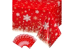QUEEKAY 8 Pcs Christmas Tablecloth Rectangle - 54 x 108 Inch Winter Snowflakes Disposable Plastic Table Cover for Xmas Home Party Decor (Snowflake)
